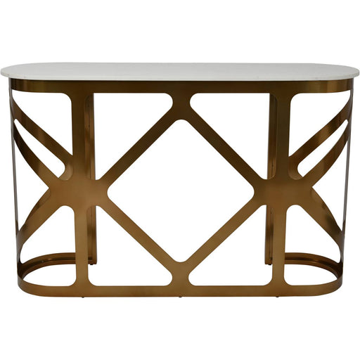 Mathilde Console Table, Satin Bronze, Metal Frame, Off-White Marble Top