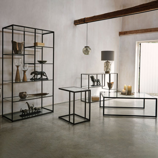 Vivienne Floor Shelf Unit, Rectangular, Bronze Tall Metal Frame, Glass Shelf