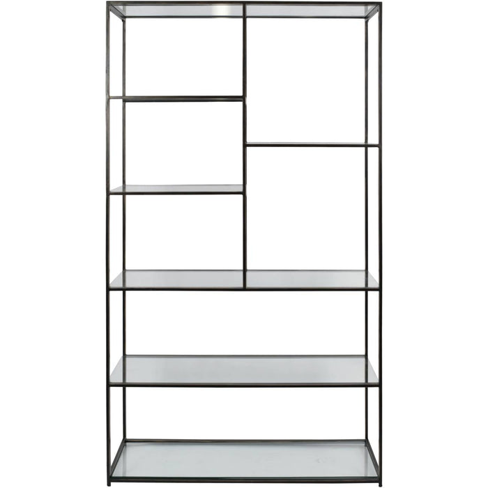 Vivienne Floor Shelf Unit, Rectangular, Bronze Tall Metal Frame, Glass Shelf