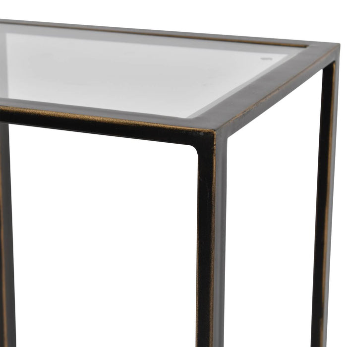 Léa Gilded Console Table, Bronze Metal Frame, Glass Top, Glass Shelves