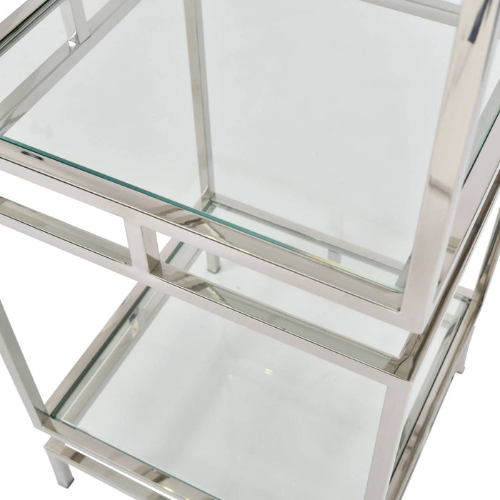 Milton Rectangular Floor Shelf, Display Unit, Silver Stainless Steel Frame, Glass Top Shelf