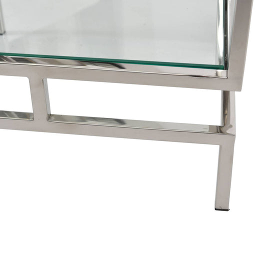 Milton Rectangular Floor Shelf, Display Unit, Silver Stainless Steel Frame, Glass Top Shelf