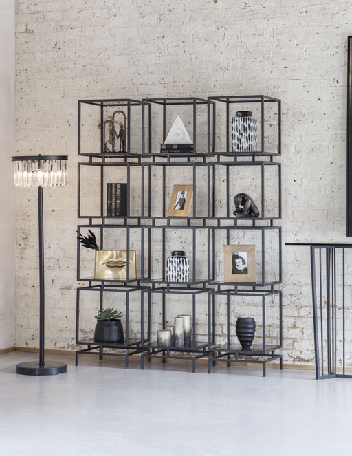 Milton Floor Shelf, Display Unit, Black Metal Frame, Rectangular, Glass Top Shelf