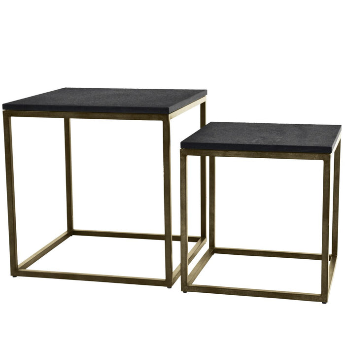 Birgit Side Tables, Aged Champagne Finish, Galaxy Slate, Iron Frame, Marble Top, Set of 2