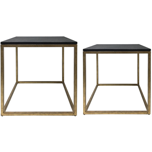Birgit Side Tables, Aged Champagne Finish, Galaxy Slate, Iron Frame, Marble Top, Set of 2