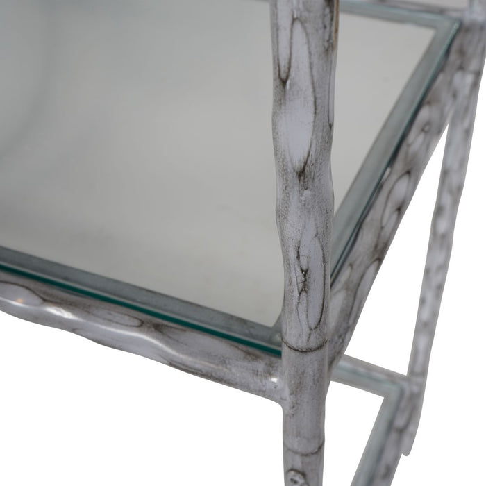 Abington Floor Shelf Unit, Hand Forged, Rectangular, Chalk White Metal Frame, Glass Top Shelf
