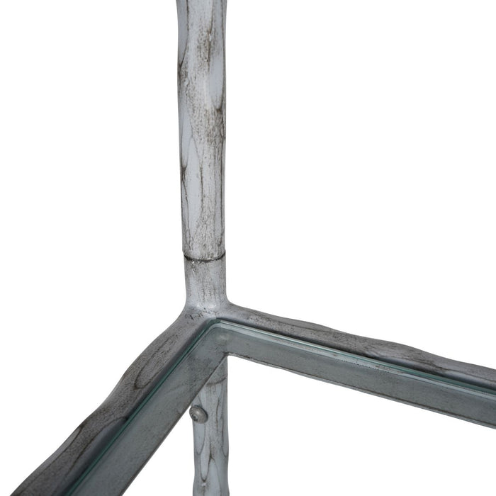 Abington Floor Shelf Unit, Hand Forged, Rectangular, Chalk White Metal Frame, Glass Top Shelf