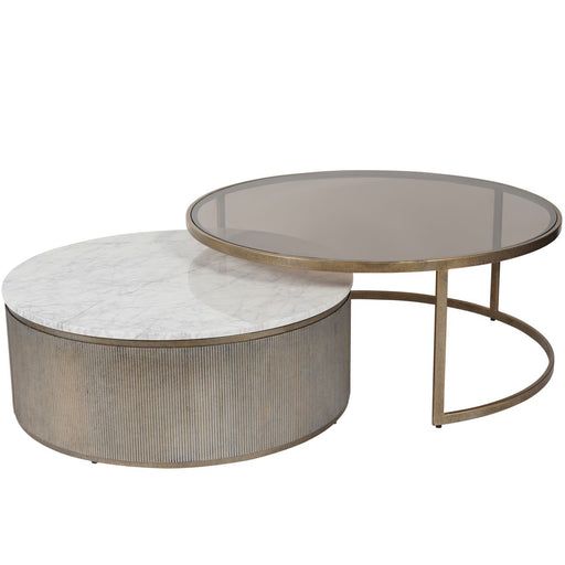 Belvedere Nesting Coffee Tables, Aged Gold, Metal Frame, Marble, Tinted Glass Top, Set Of 2