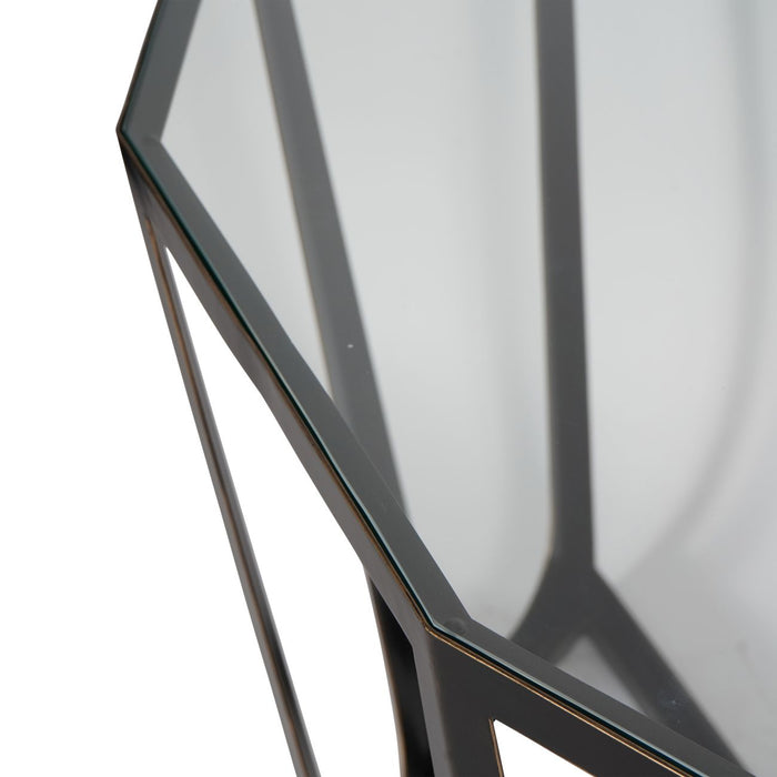 Catalan Hexagon Console Table, Bronze Gilded Metal Frame, Clear Glass Top