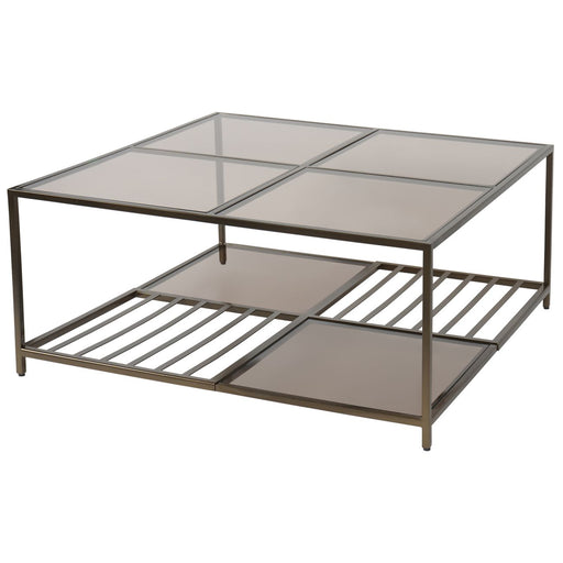 Geneviève Coffee Table, Dark Gold Iron Frame, Tinted Glass Top