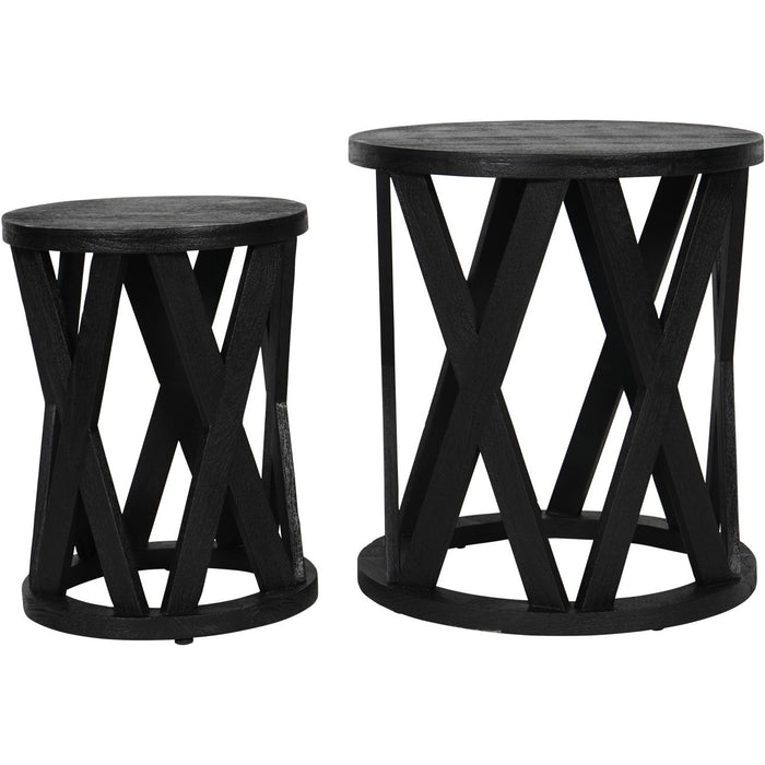 Vilhelmina Nesting Side Tables, Black Solid Mango Wood, Adjustable Feet, Set of 2