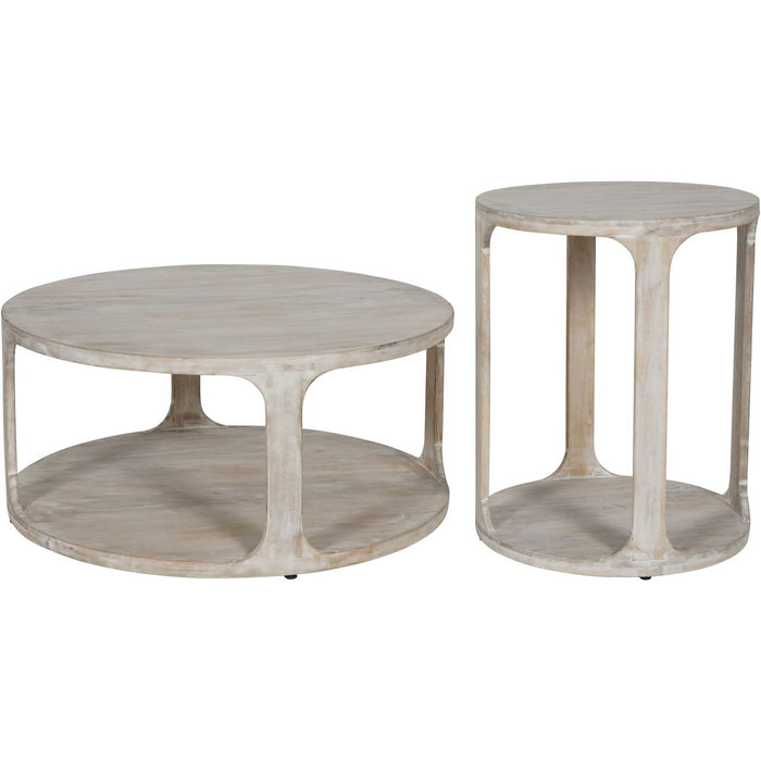 Bednell Wooden Side Table, Hand Carved, Solid Mango, Round Table, Whitewashed