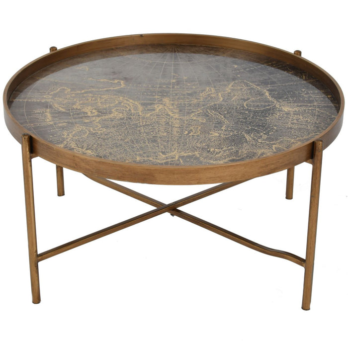 Colette Coffee Tray Table, Antique Gold Atlas, Metal Frame, Round Top