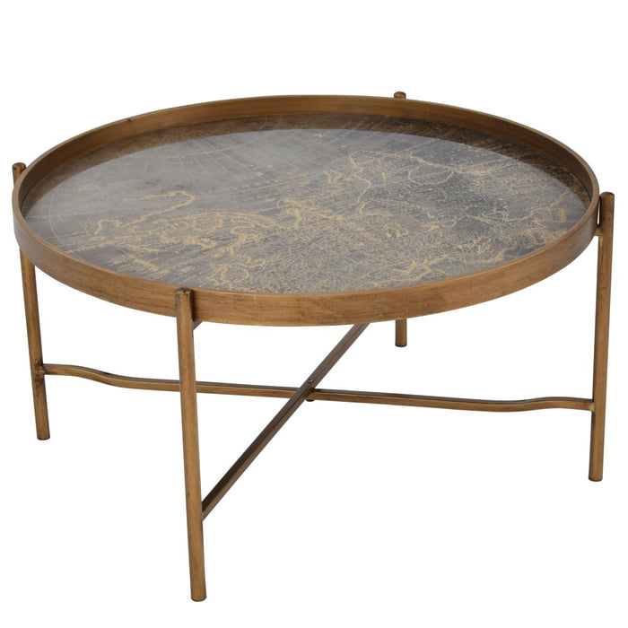 Colette Coffee Tray Table, Antique Gold Atlas, Metal Frame, Round Top