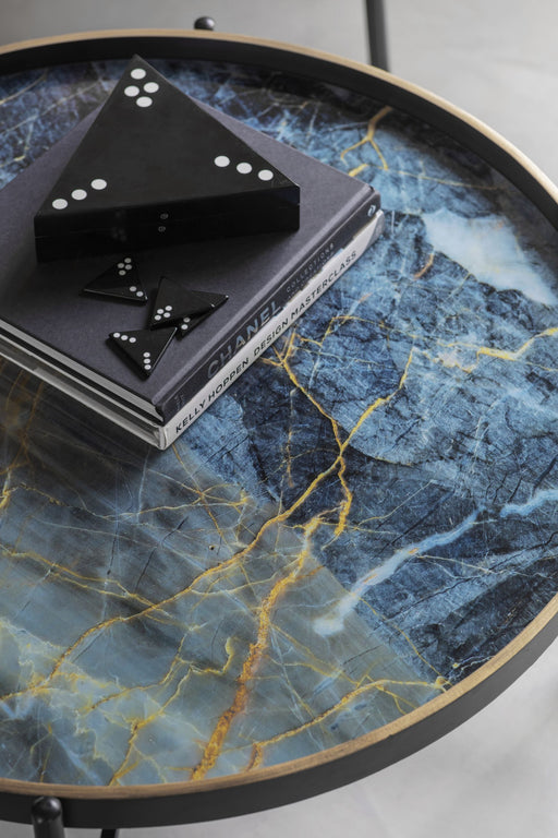 Vesuvius Coffee Tray Table, Black Iron Frame, Blue Marble Design Top