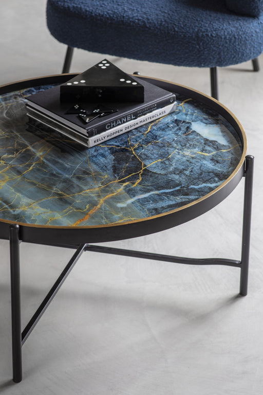 Vesuvius Coffee Tray Table, Black Iron Frame, Blue Marble Design Top