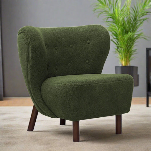 Portland Wingback Accent Chair, Green Boucle Fabric, Walnut legs