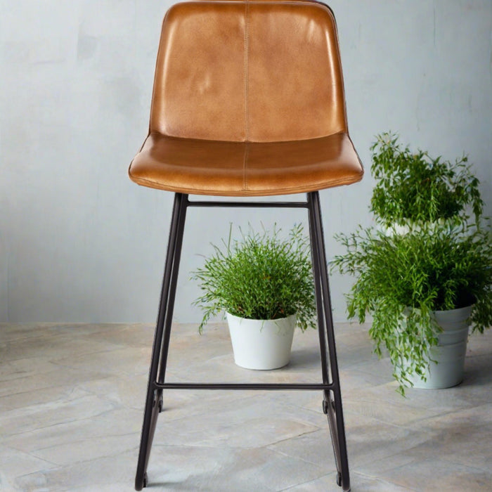 Robinson Bar Chair, Tan Leather, Black Metal S/2