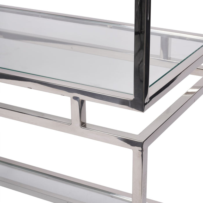 Milton Rectangular Floor Shelf, Large, Display Unit, Silver Stainless Steel Frame, Clear Glass Top Shelf