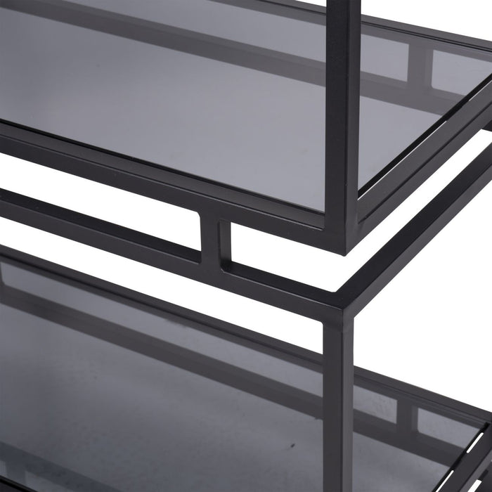 Milton Large Floor Shelf, Display Unit, Black Stainless Steel Frame, Rectangular, Glass Top Shelf