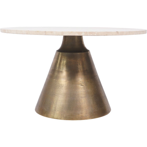 Jacqueline Small Coffee Table, Antique Brass, Light Travertine, Metal Base, Round