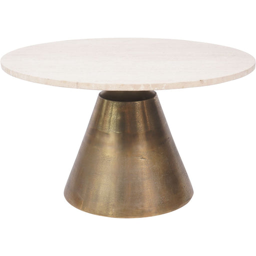 Jacqueline Large Coffee Table, Antique Brass, Light Travertine, Metal Base, Round 