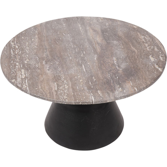 Jacqueline Small Coffee Table, Charcoal Black, Dark Travertine, Metal Base, Round Top