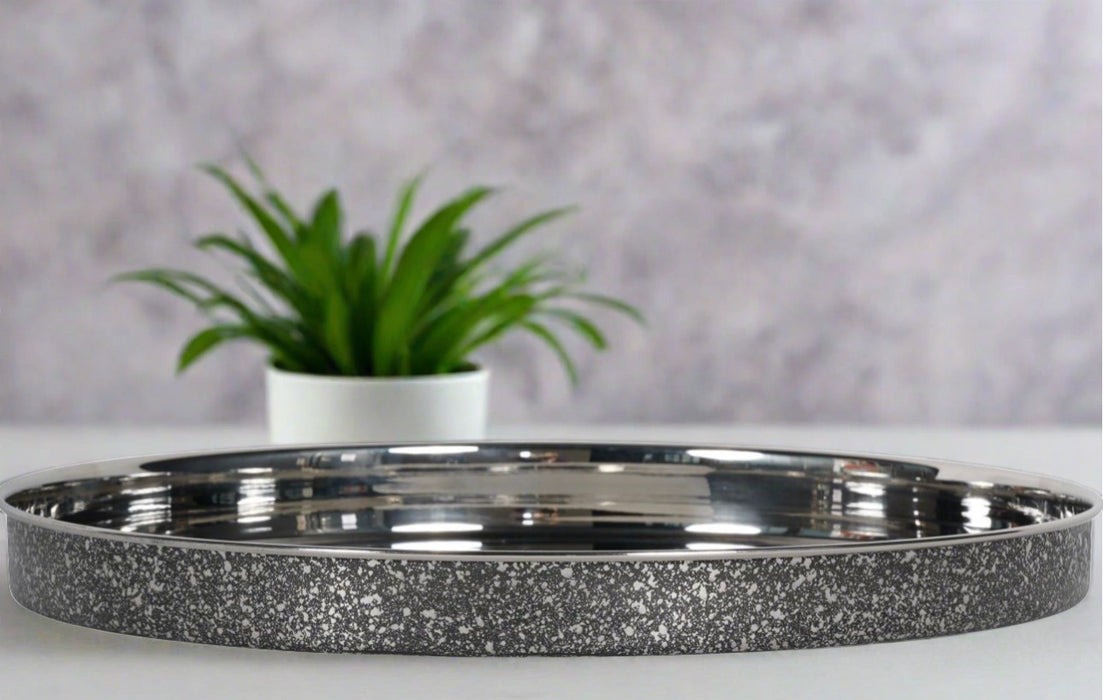 Textured Silver Decorative Tray,. Round, Mirrored