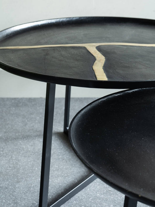 Arizona Coffee Tables, Black Metal, Gold Textured, Round, Set Of 2