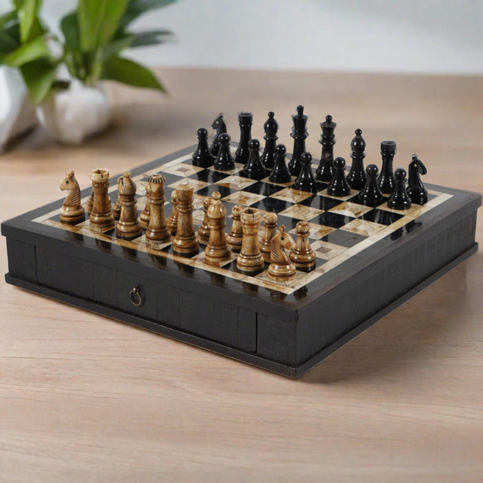 Luxury Handcrafted Chess Set, Wooden, Storage Drawer