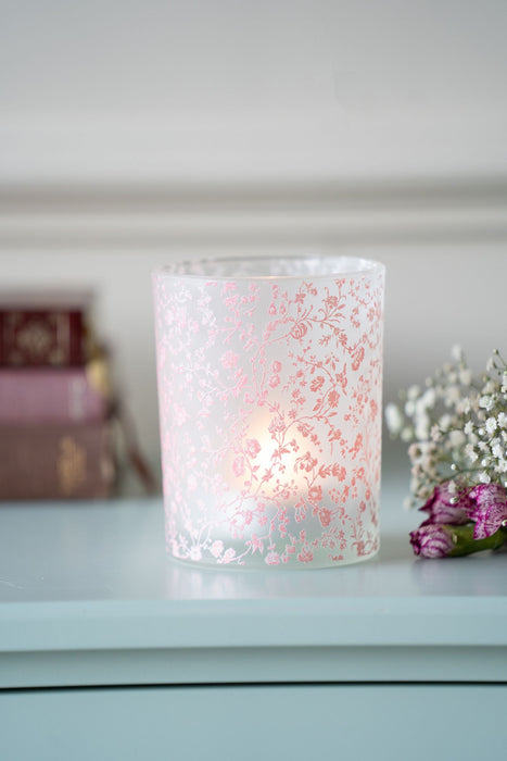 Laura Ashley Glass Hurricane Aria On White Frosted Background