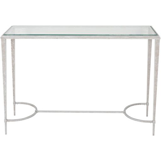 Laura Ashley Console Table, Distressed White Iron Frame, Glass Top