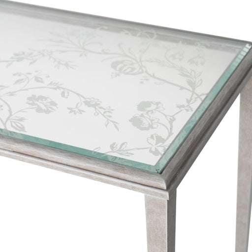 Laura Ashley Console Table, Distressed White Metal Frame, Etched Glass