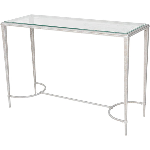 Laura Ashley Console Table, Distressed White Metal Frame, Etched Glass
