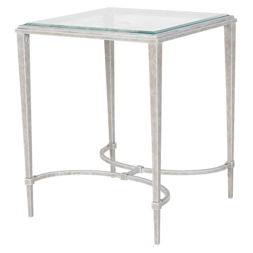 Laura Ashley Aria Side Table, Distressed White Iron Frame, Etched Glass Top