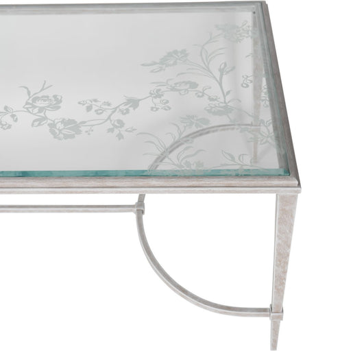 Laura Ashley Coffee Table, Distressed White Iron Frame, Aria Etched Glass Top