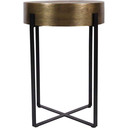 Vendela Side Table, Etched Brass Finish, Round Top, Black Metal Legs 