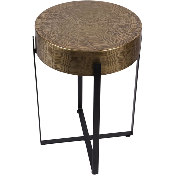 Vendela Side Table, Etched Brass Finish, Round Top, Black Metal Legs