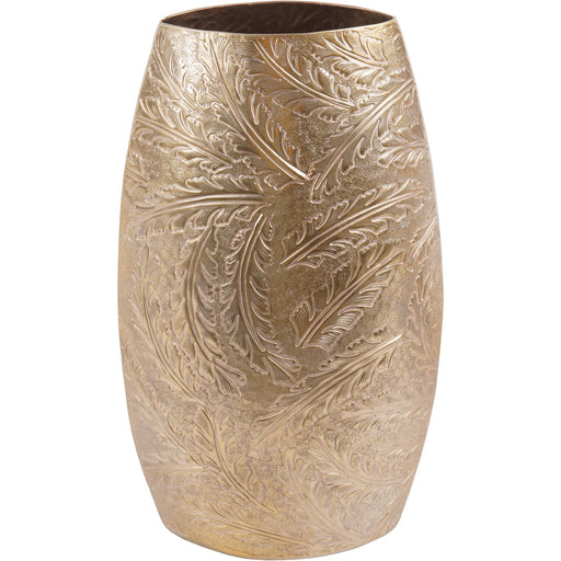 Oval Barrel Small Vase, Gold Metal, Leaf, Embossed