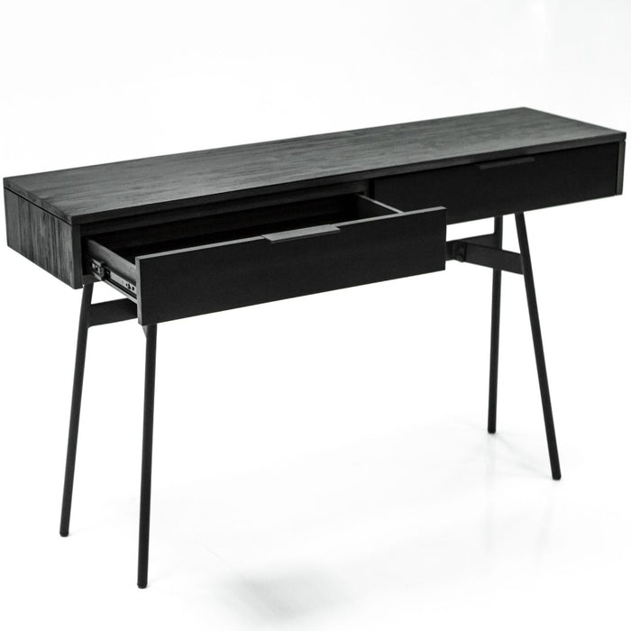 Okayama 2 Drawer Console Table, Black Acadia Wood, Black Metal Legs