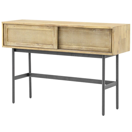 Maddox Console Table, Natural Wood Top, Metal Legs, Two Drawer