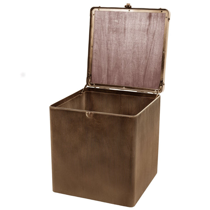 Hunter Trunk Side Table, Metal Storage, Corrugated Antique Gold, Solid Wooden Stained Tops,