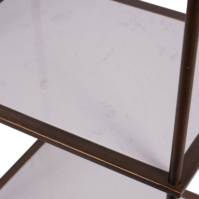 Three Tier Floor Shelf Unit, Antique Copper Metal Frame, Rectangular, High Quality Ceramic Shelf