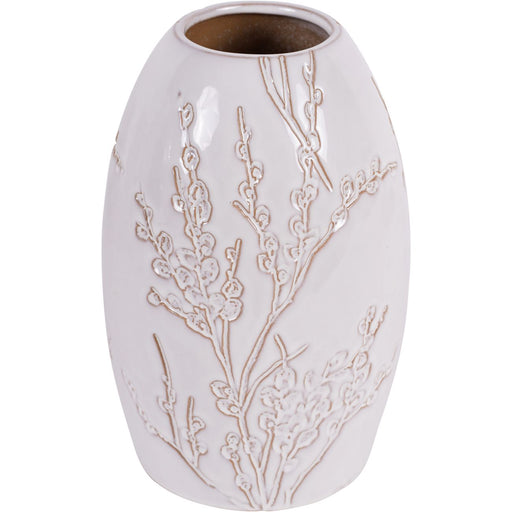 Laura Ashley Stoneware Vase, White Ceramic, Pussywillow Design, Large