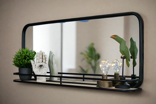 Industrial Meta Wall Mirror, Black Frame, Wooden Shelf  