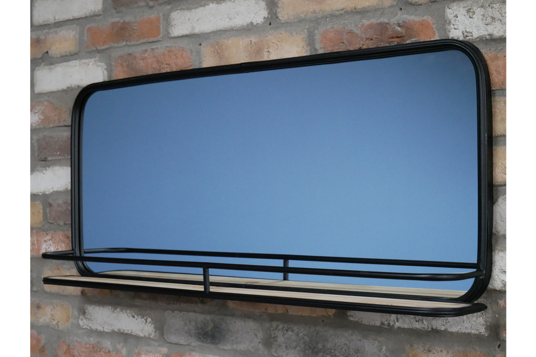 Industrial Metal Wall Mirror, Black Frame, Wooden Shelf