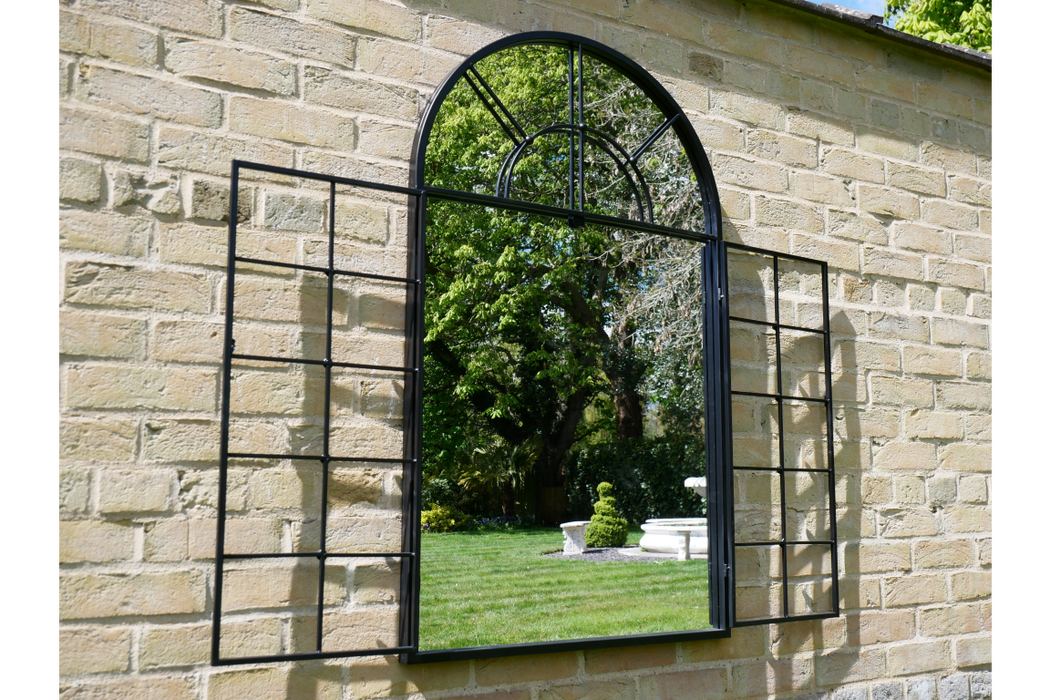Indoor / Outdoor Black Metal Arched Garden Mirror - 115 x 70 cm
