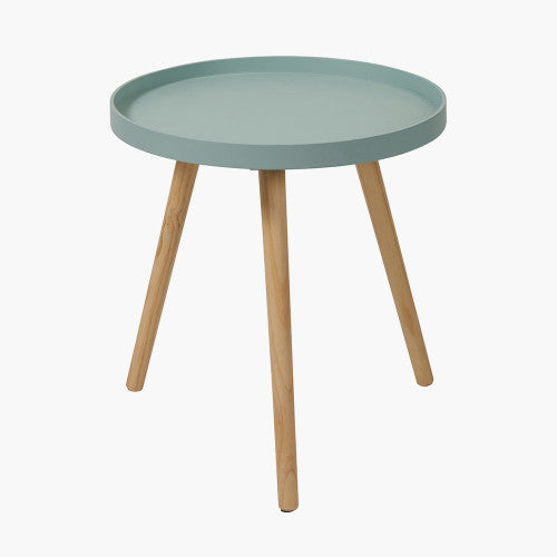 Aqua Side Table, Natural Pine Wooden Legs, Blue Round Top
