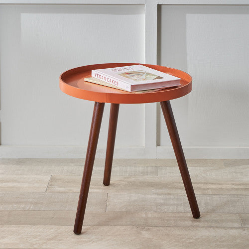 Tripod Side Table, Tobacco Orange, Brown Pine Wood, Round Top, 41 x 44 cm