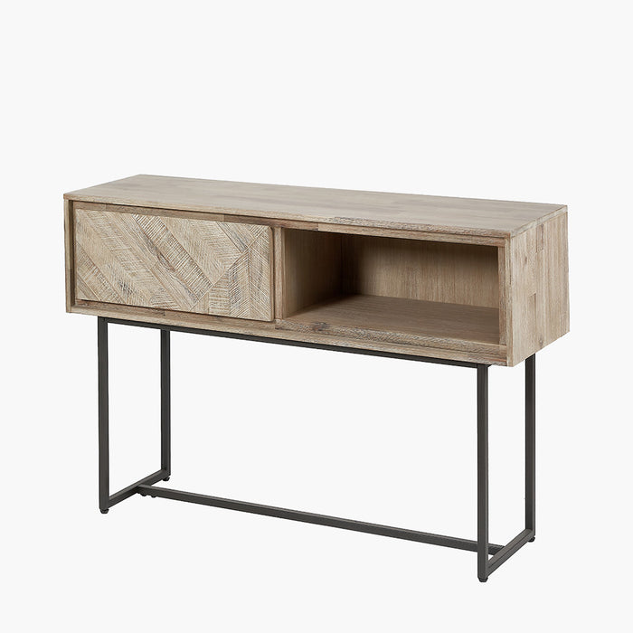 Marca Sand Console Table, Acacia Wood, Black Metal Legs, 1 Drawer, Due Back In 30/04/2024